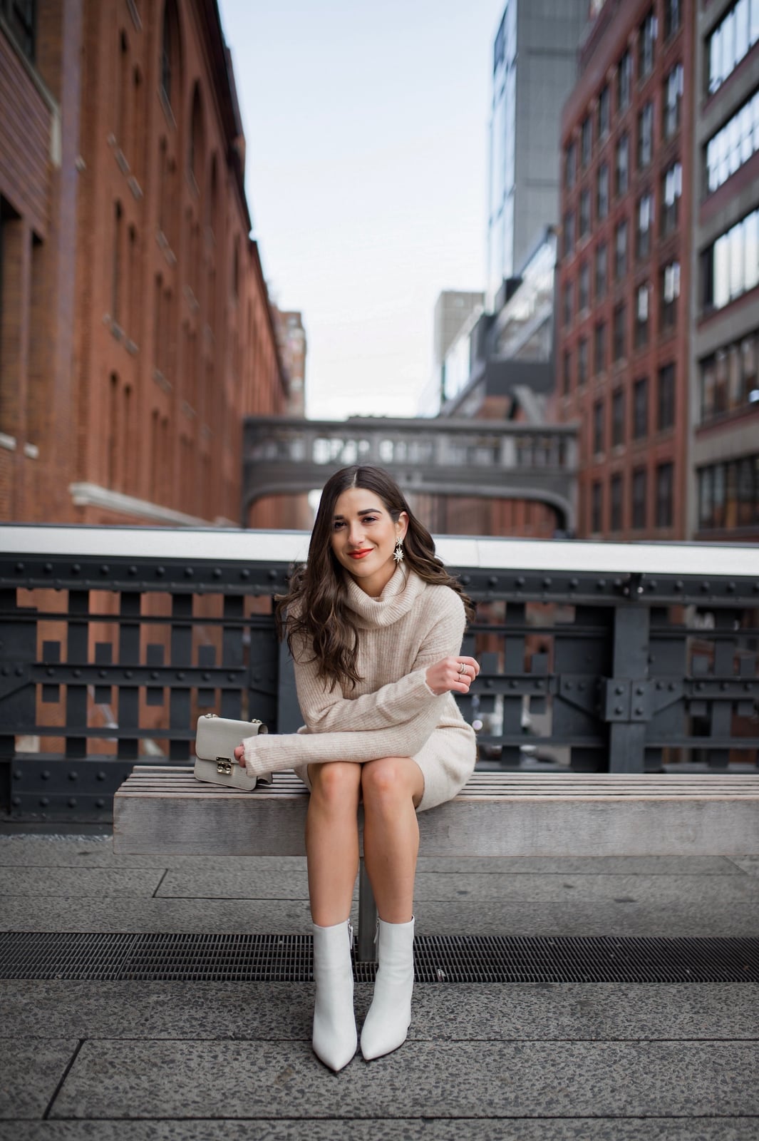 Oversized Beige Turtleneck Sweater Dress with White Boots — Trendy White Sweater Outfit