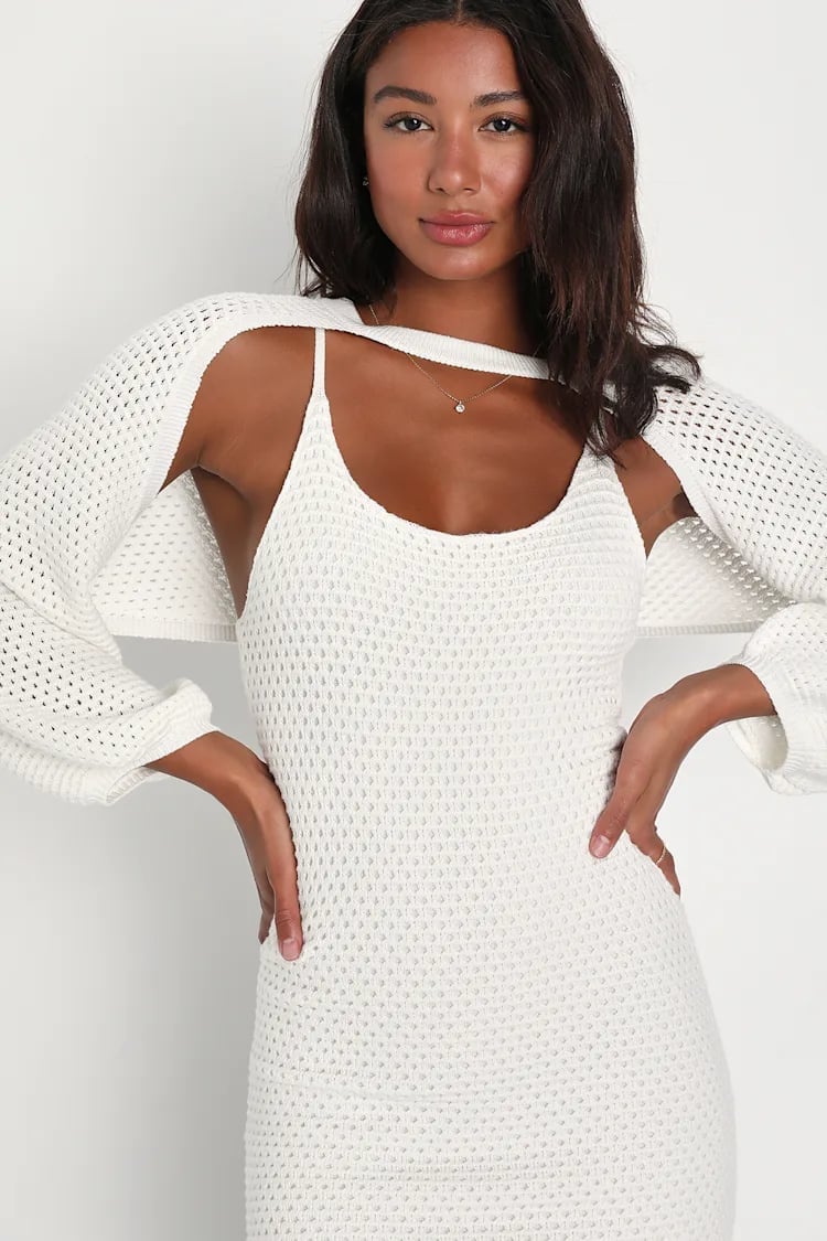 White Crochet Knit Bolero Shrug — Trendy White Sweater Outfit