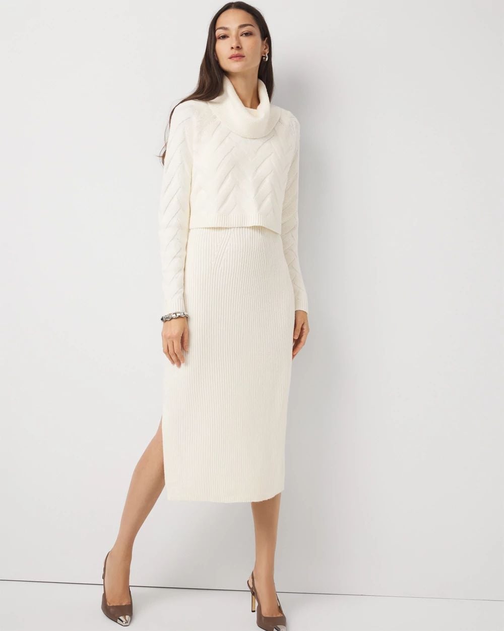 White Two-Piece Knit Set with Side Slit — Trendy White Sweater Outfit