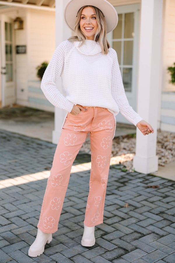 White Waffle Knit Sweater with Floral Print Pants — Trendy White Sweater Outfit