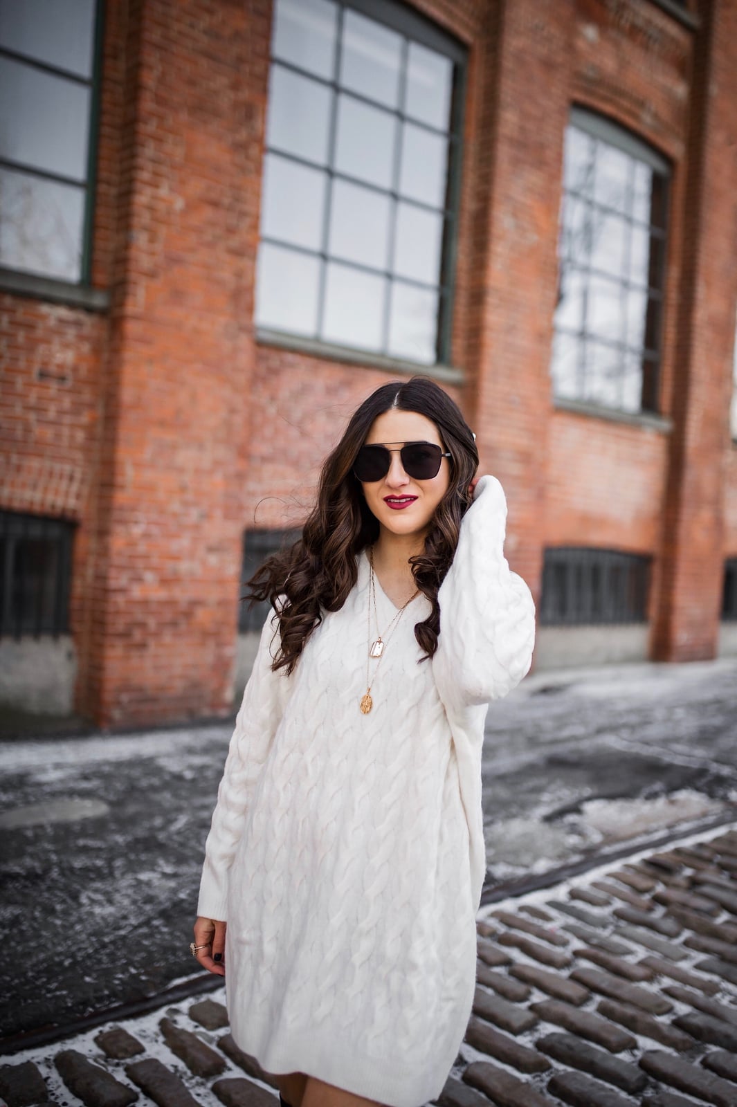White Cable Knit Sweater Dress with Over-The-Knee Boots — Trendy White Sweater Outfit