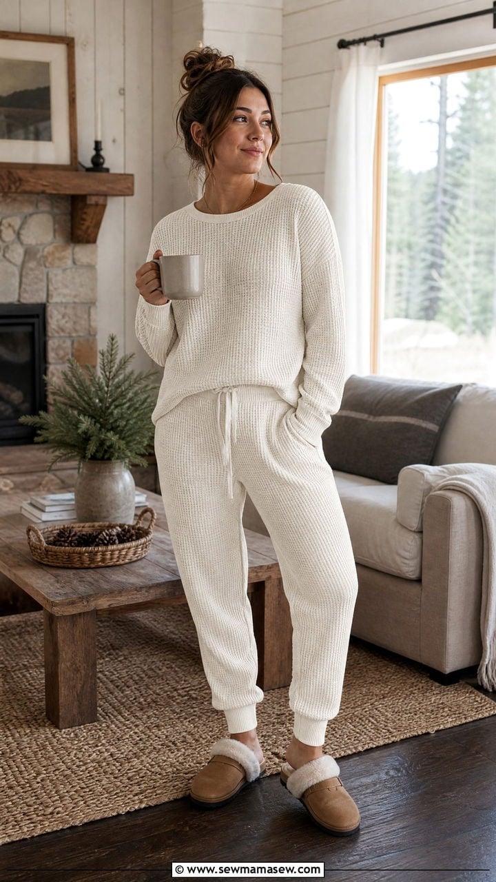 Oversized Cream Waffle Knit Sweater and Lounge Pants — Trendy White Sweater Outfit