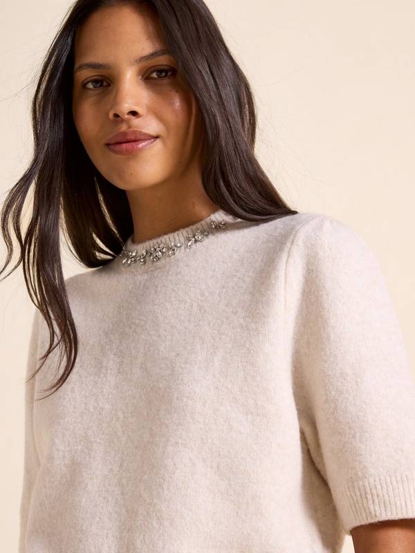 Cream White Short Sleeve Sweater with Embellished Neckline — Trendy White Sweater Outfit