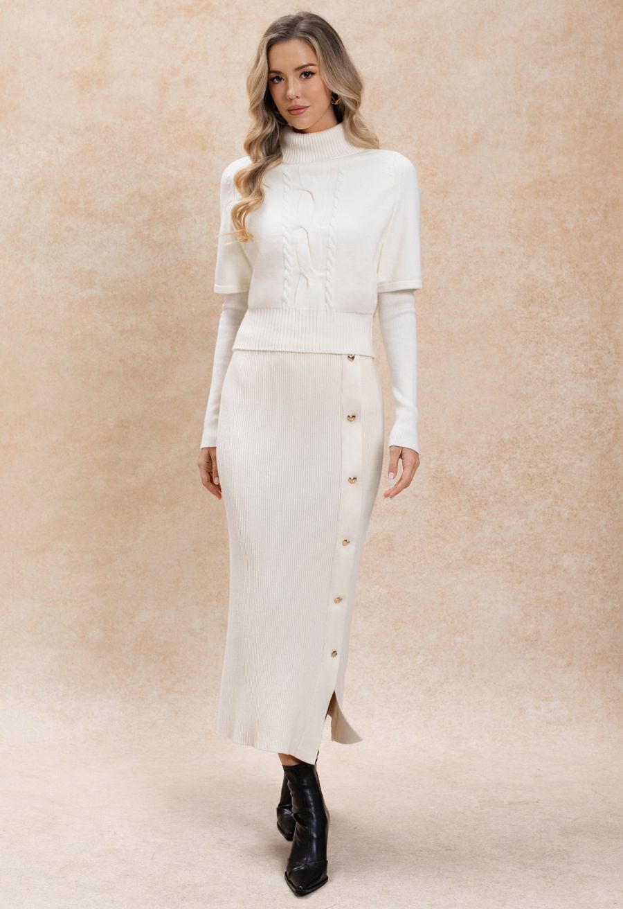 White Cable Knit Sweater Set with Midi Skirt — Trendy White Sweater Outfit
