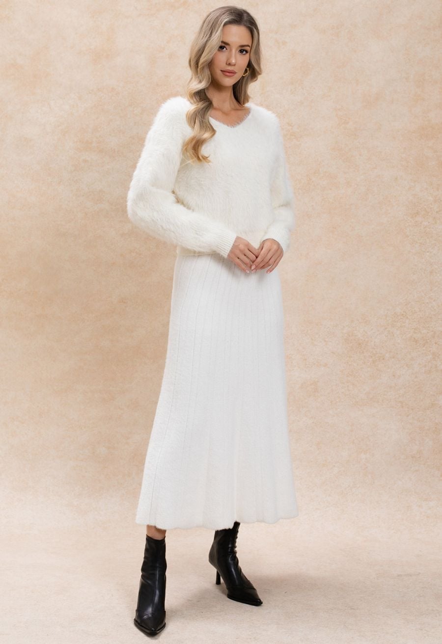 White Fuzzy V-Neck Sweater with Ribbed Knit Skirt — Trendy White Sweater Outfit