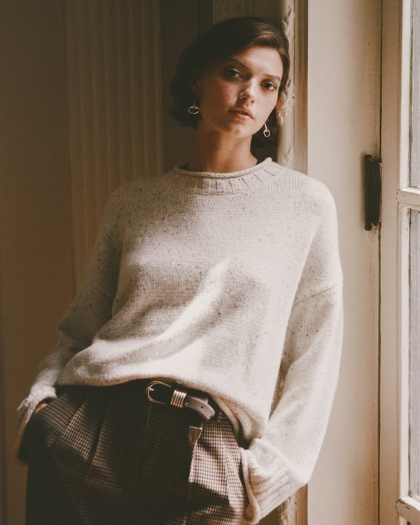 Speckled Cream Oversized Textured Knit Sweater — Trendy White Sweater Outfit