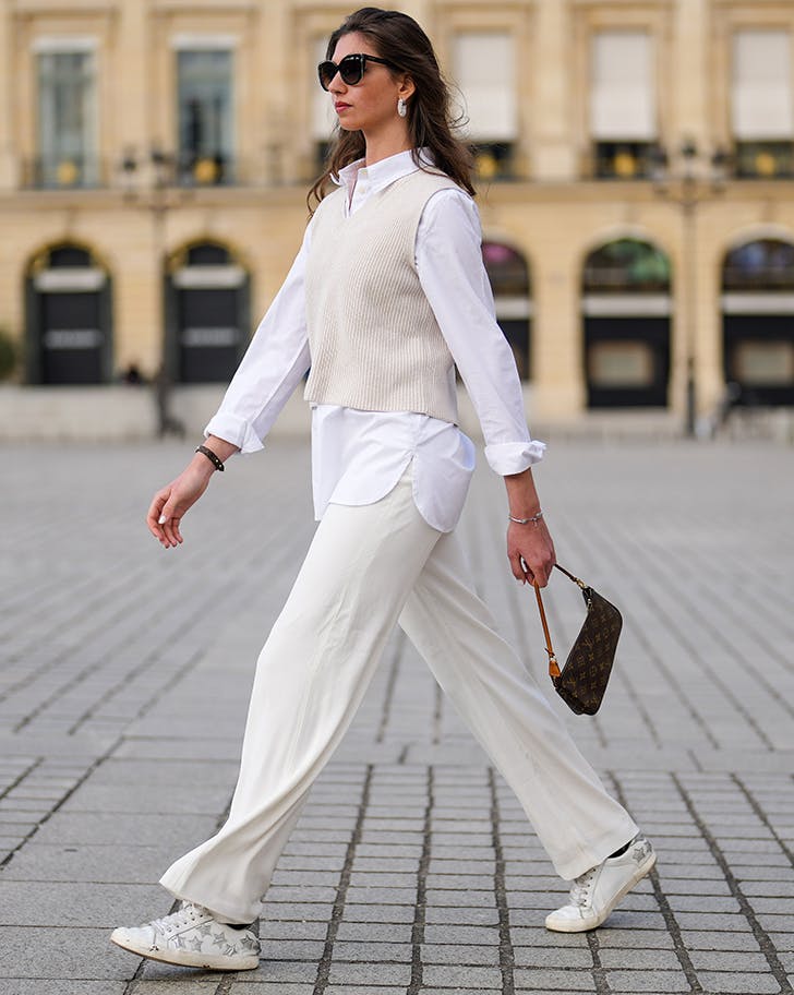 Cream Knit Vest Over White Button-Down Shirt — Trendy White Sweater Outfit