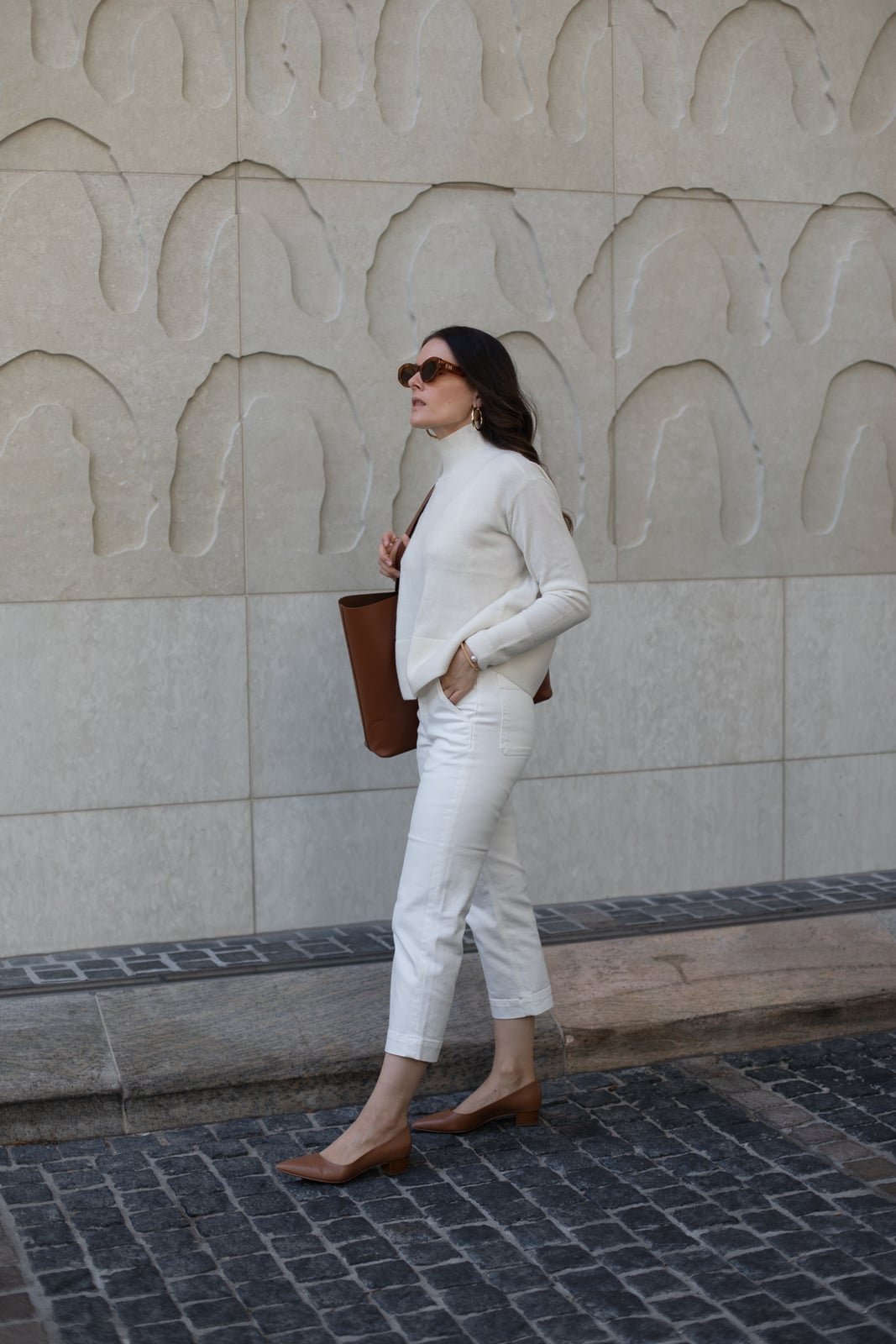 White Fitted Turtleneck Sweater with Cropped Trousers — Trendy White Sweater Outfit