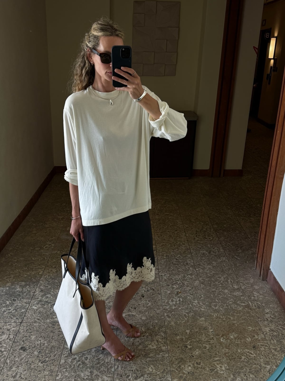 Long Sleeve White Tee With Lace Trim Midi Skirt Long Sleeve White Tee With Lace Trim Midi Skirt — Trendy White Tee Outfits