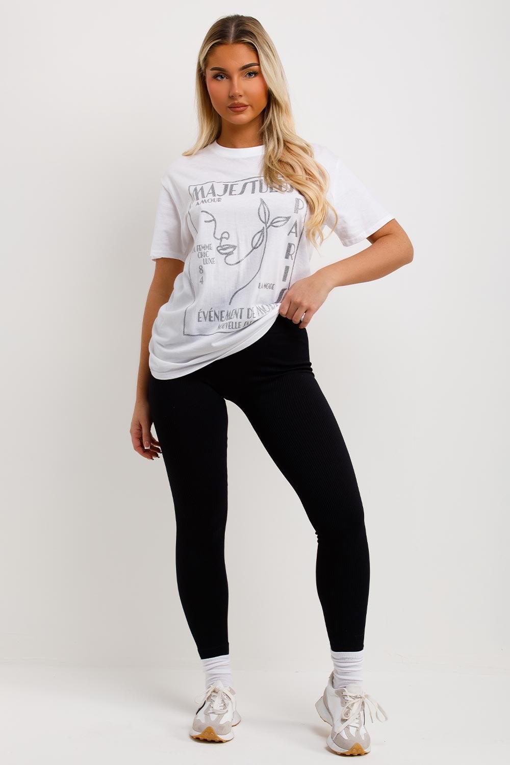 Graphic White Tee With Ribbed Leggings Graphic White Tee With Ribbed Leggings — Trendy White Tee Outfits