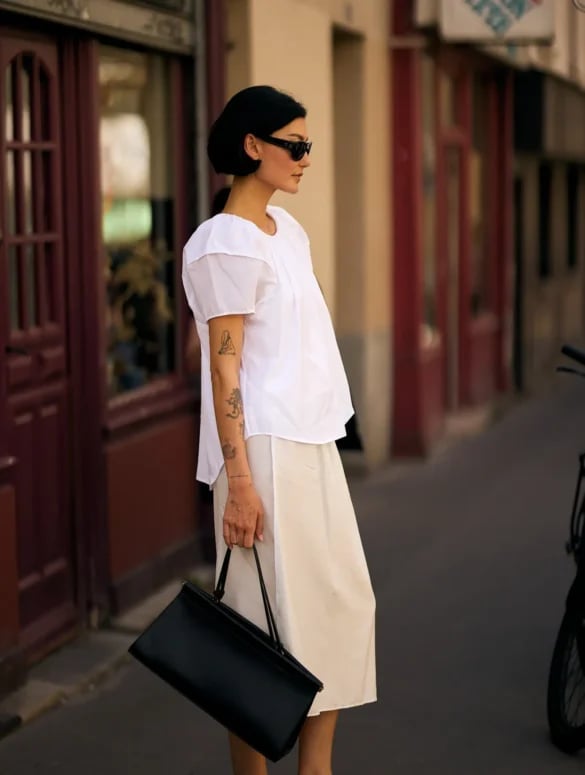 Puffed Sleeve White Top With Beige Skirt Puffed Sleeve White Top With Beige Skirt — Trendy White Tee Outfits