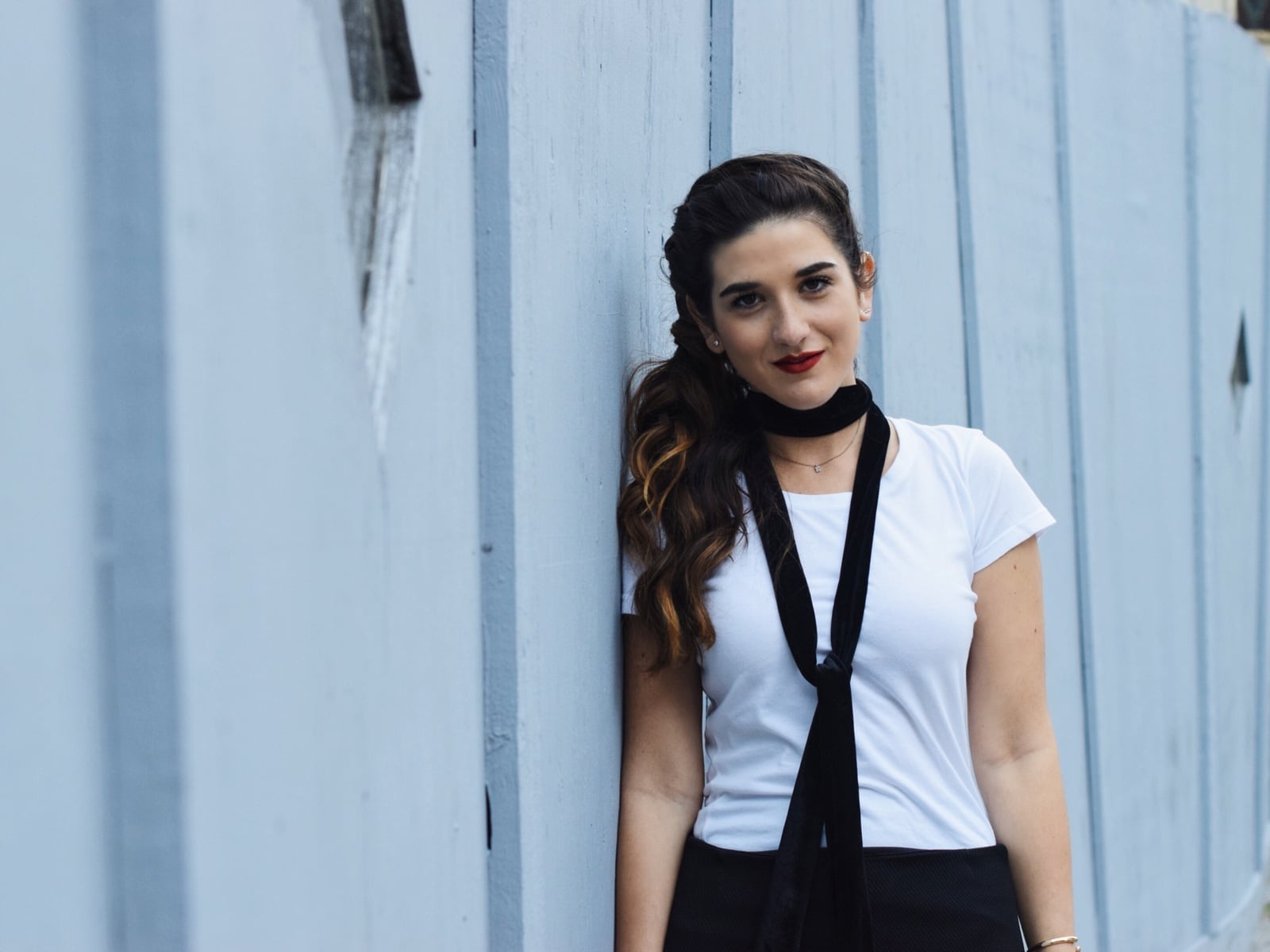 White Tee With Black Velvet Necktie White Tee With Black Velvet Necktie — Trendy White Tee Outfits