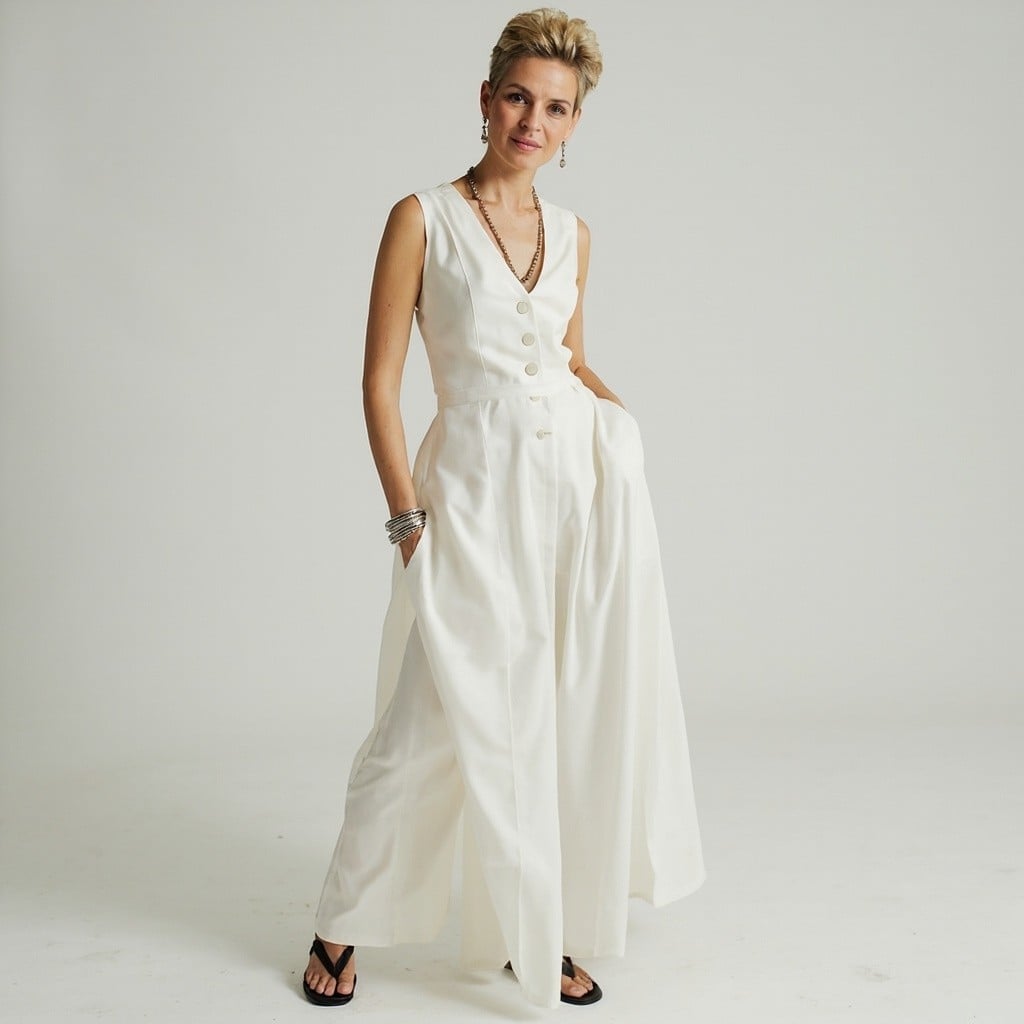 White Tailored Vest with Flowing Wide-Leg Trousers White Tailored Vest with Flowing Wide-Leg Trousers — Trendy White Vest Outfit