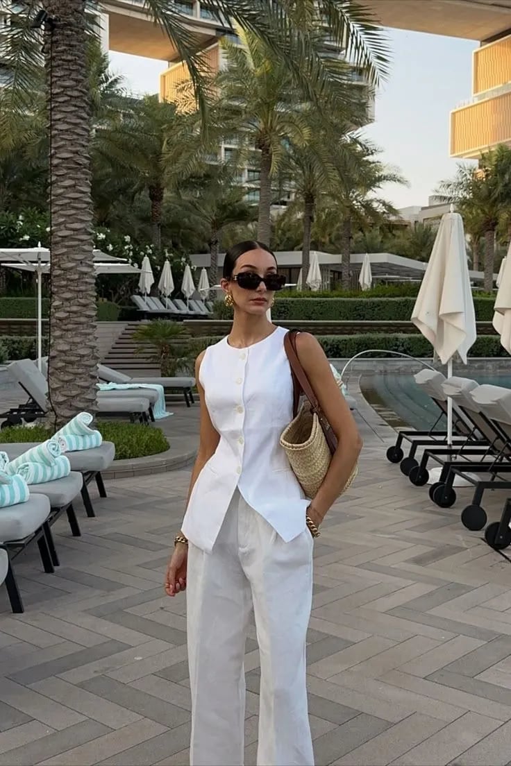 White Linen Vest and Relaxed-Fit Trousers for Resort Wear Trendy White Vest Outfit