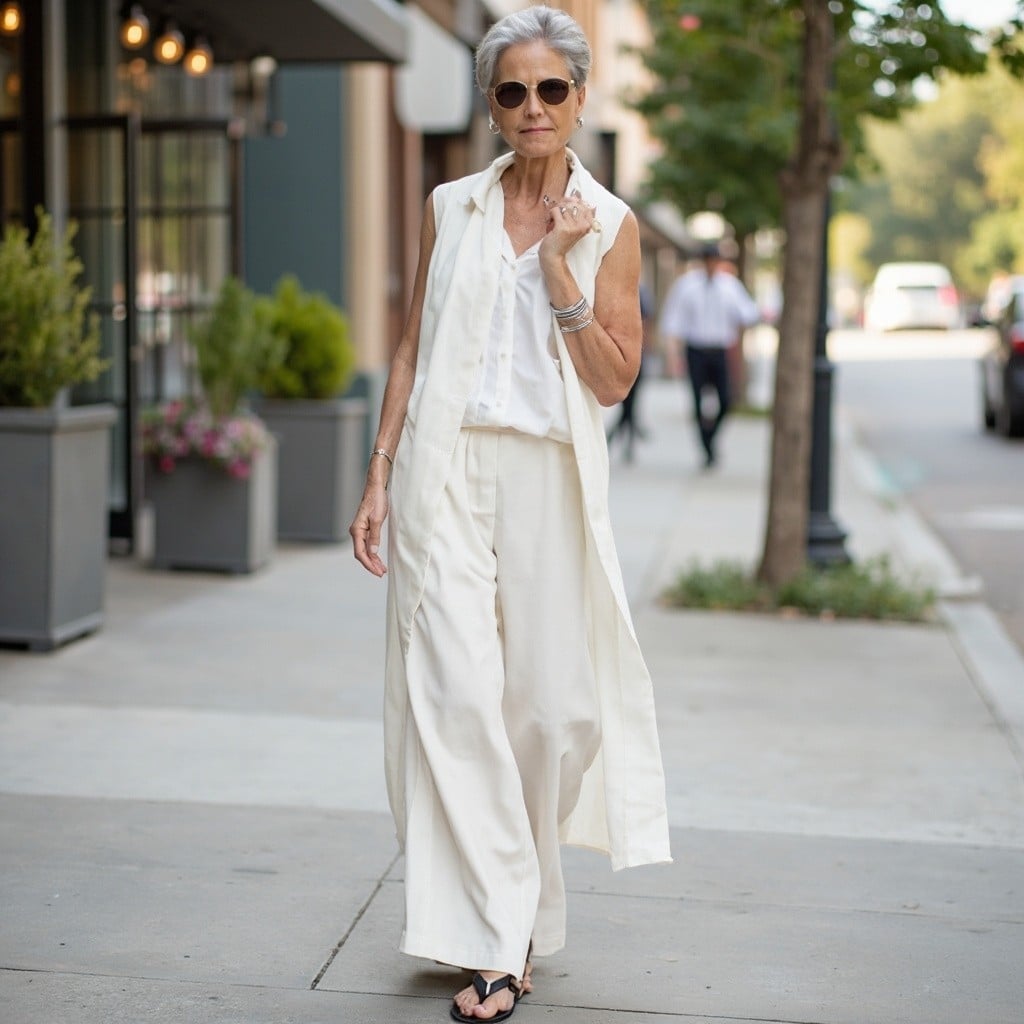 Longline White Vest Over a White Shirt and Trousers Longline White Vest Over a White Shirt and Trousers — Trendy White Vest Outfit