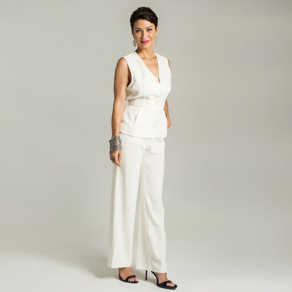 Sharp White Vest with Button Details and Wide-Leg Trousers Sharp White Vest with Button Details and Wide-Leg Trousers — Trendy White Vest Outfit