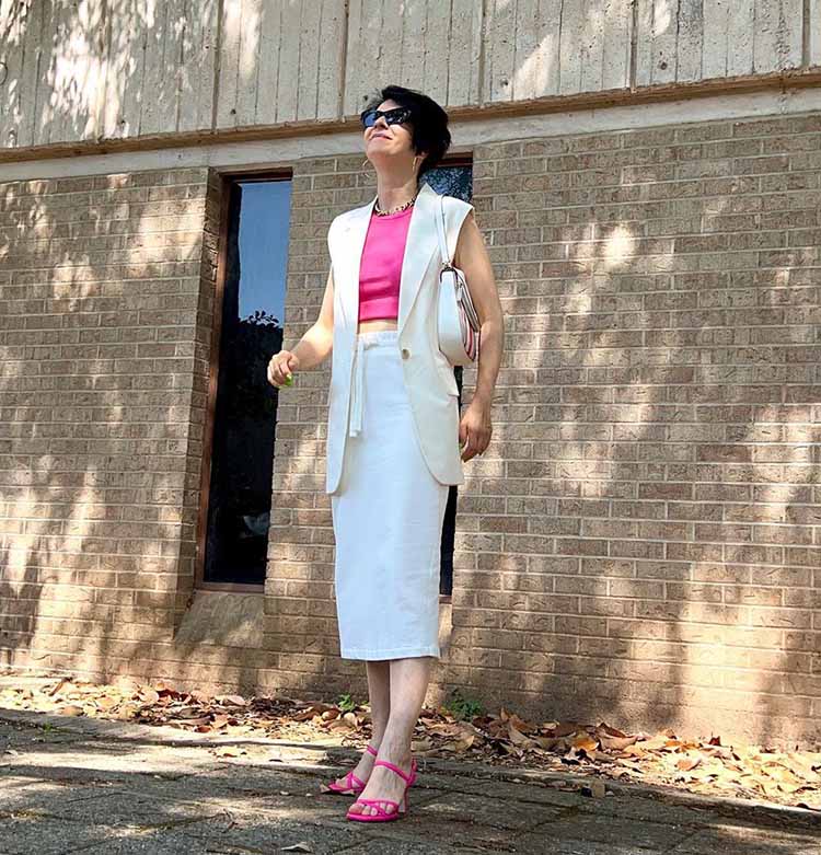 White Vest Over Pink Top with Pencil Skirt White Vest Over Pink Top with Pencil Skirt — Trendy White Vest Outfit