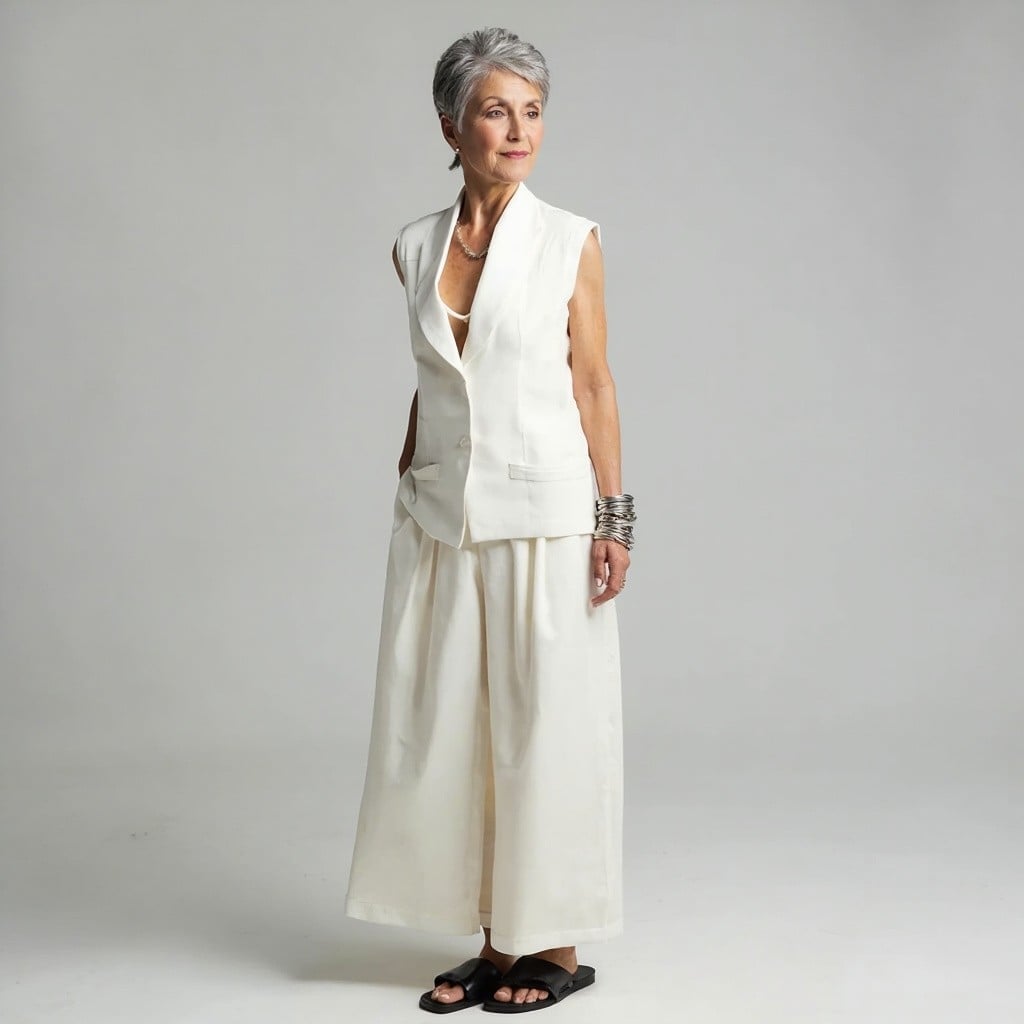 Layered White Vest and Bra Top with Wide-Leg Trousers Layered White Vest and Bra Top with Wide-Leg Trousers — Trendy White Vest Outfit