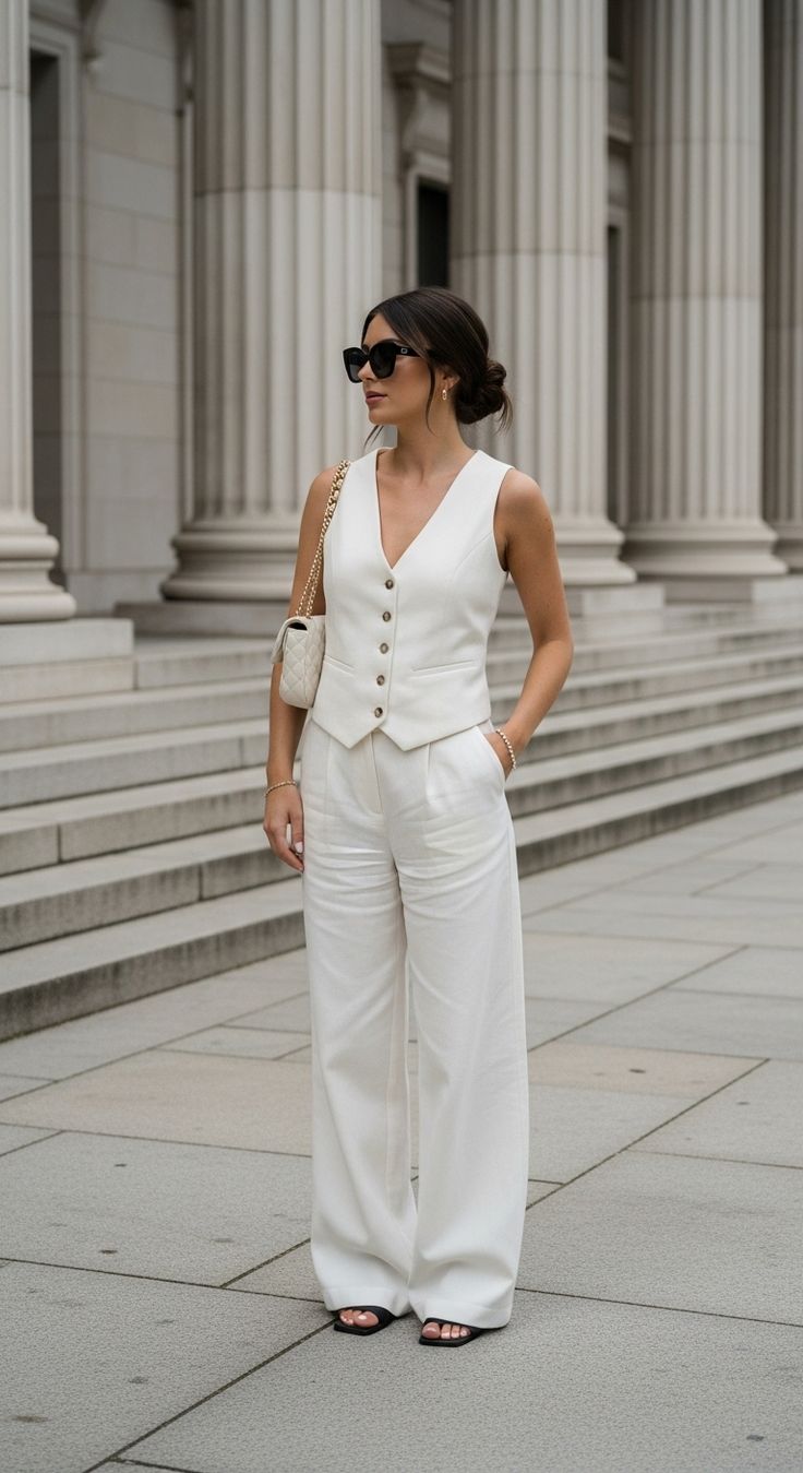 Sophisticated White Vest and Wide-Leg Pants Set Sophisticated White Vest and Wide-Leg Pants Set — Trendy White Vest Outfit