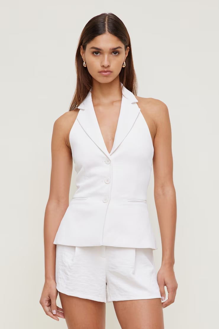Tailored White Halter Vest with Collared Neckline Tailored White Halter Vest with Collared Neckline — Trendy White Vest Outfit