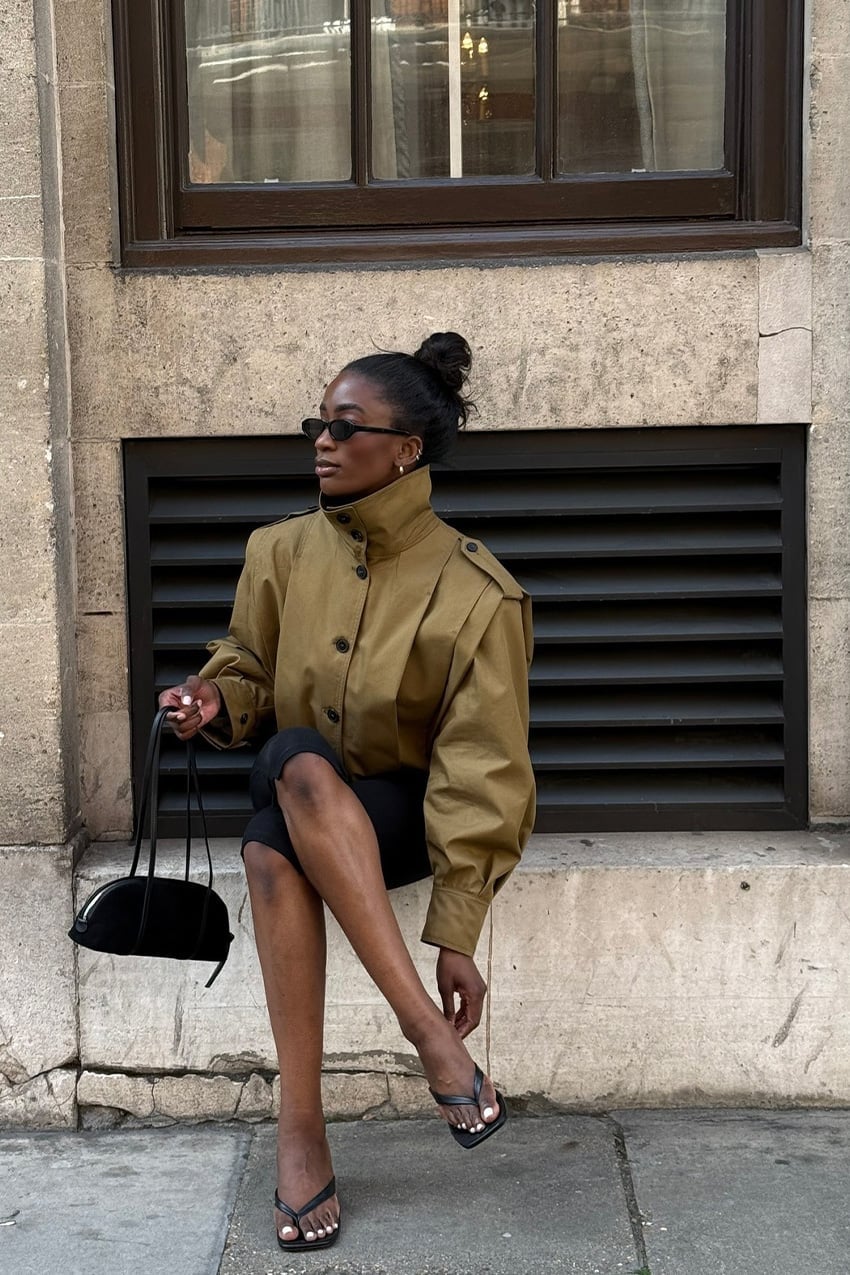 Structured Khaki Funnel-Neck Windbreaker With Black Thong Sandals Structured Khaki Funnel-Neck Windbreaker With Black Thong Sandals — Trendy Windbreaker Outfits