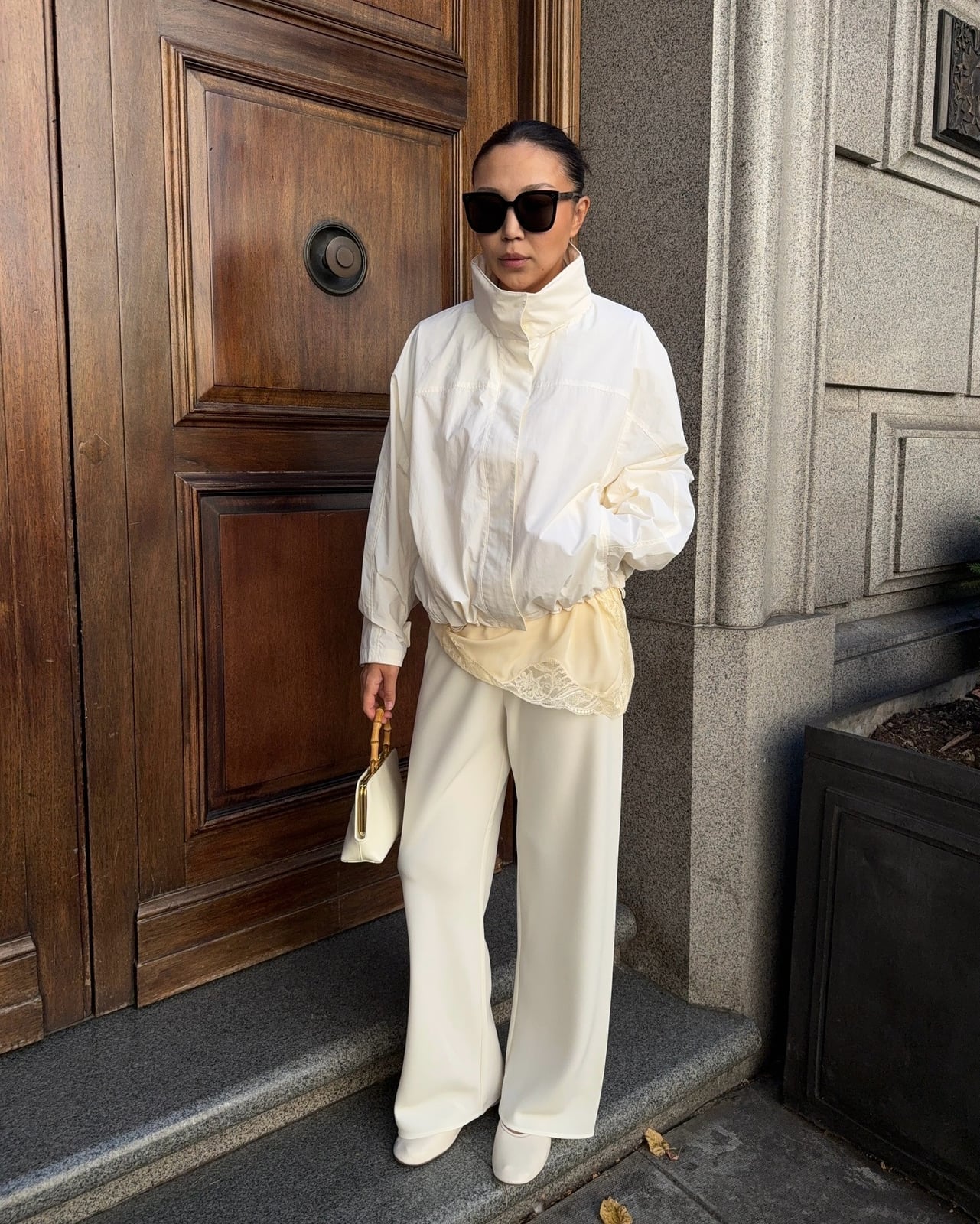 Oversized Ivory Windbreaker With Lace Camisole Oversized Ivory Windbreaker With Lace Camisole — Trendy Windbreaker Outfits