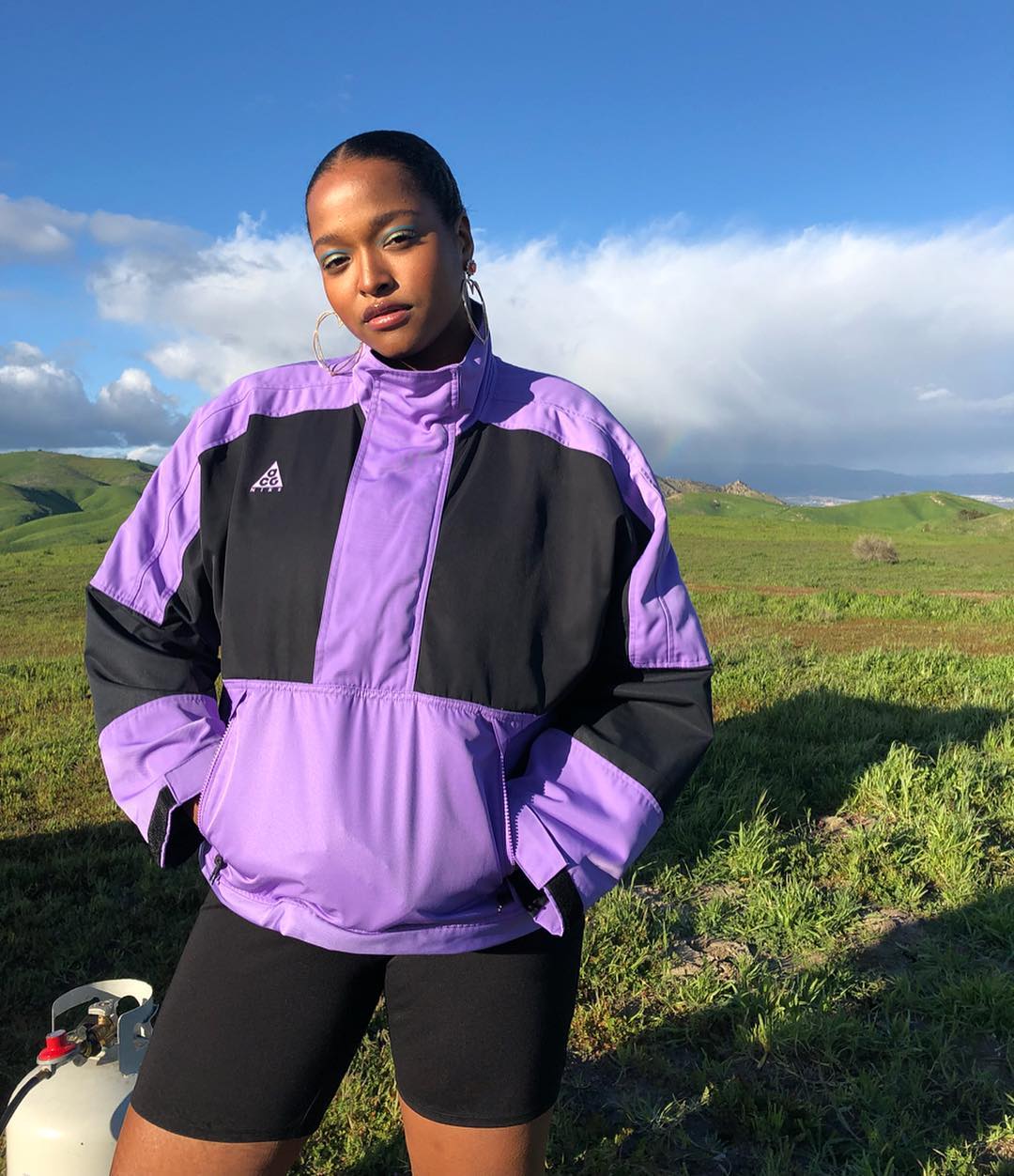 Purple And Black Color-Blocked Windbreaker With Biker Shorts Purple And Black Color-Blocked Windbreaker With Biker Shorts — Trendy Windbreaker Outfits