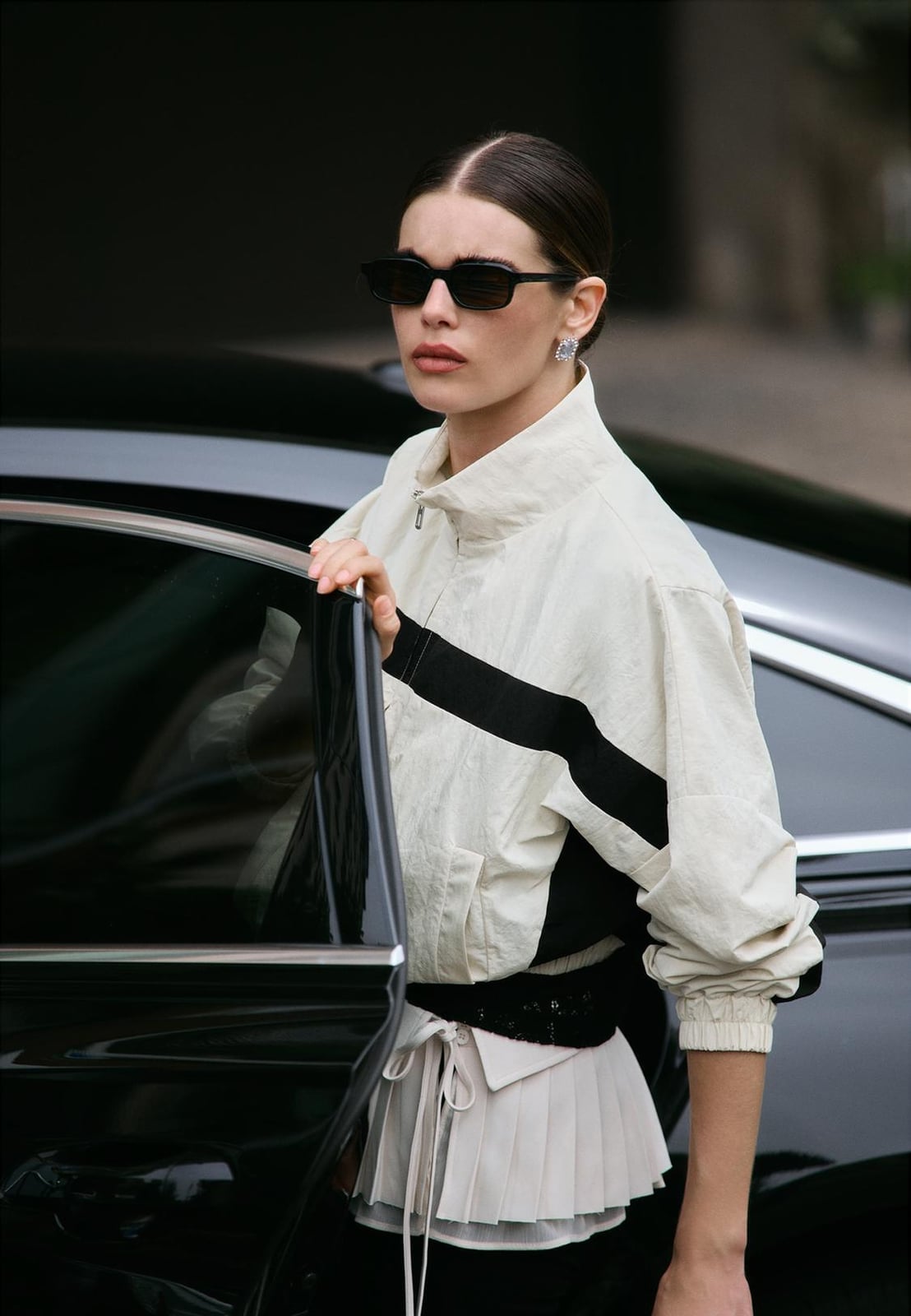 Striped Cropped Jacket With Pleated Skirt, Close-Up Take Striped Cropped Jacket With Pleated Skirt, Close-Up Take — Trendy Windbreaker Outfits