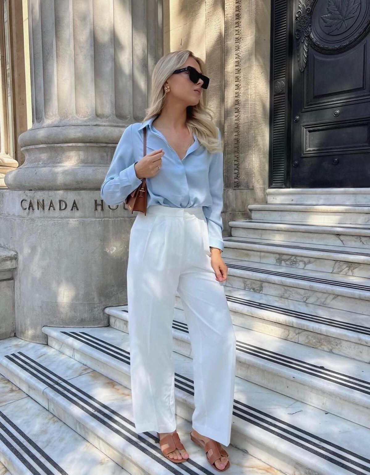 Light Blue Shirt and White Wide-Leg Trousers Light Blue Shirt and White Wide-Leg Trousers — Trendy Work Outfits Women Office