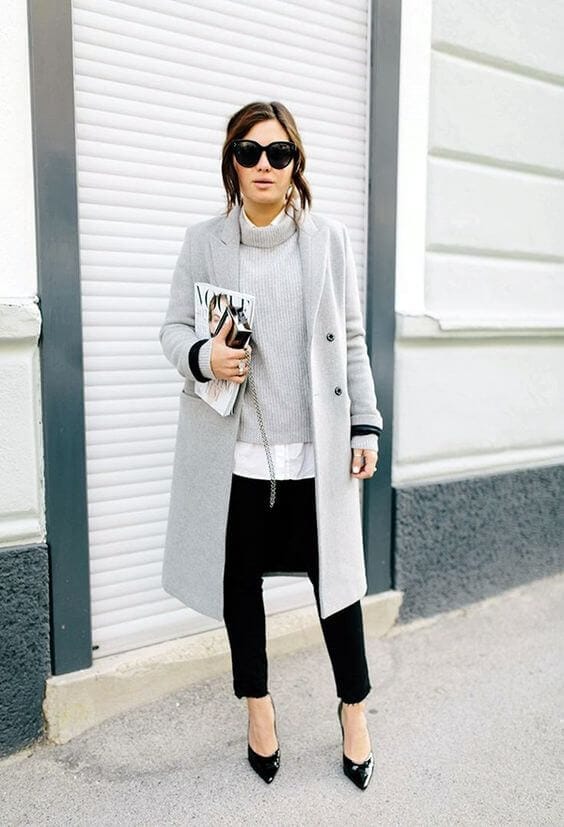 Long Grey Wool Coat Over Turtleneck and Collared Shirt Long Grey Wool Coat Over Turtleneck and Collared Shirt — Trendy Work Outfits Women Office