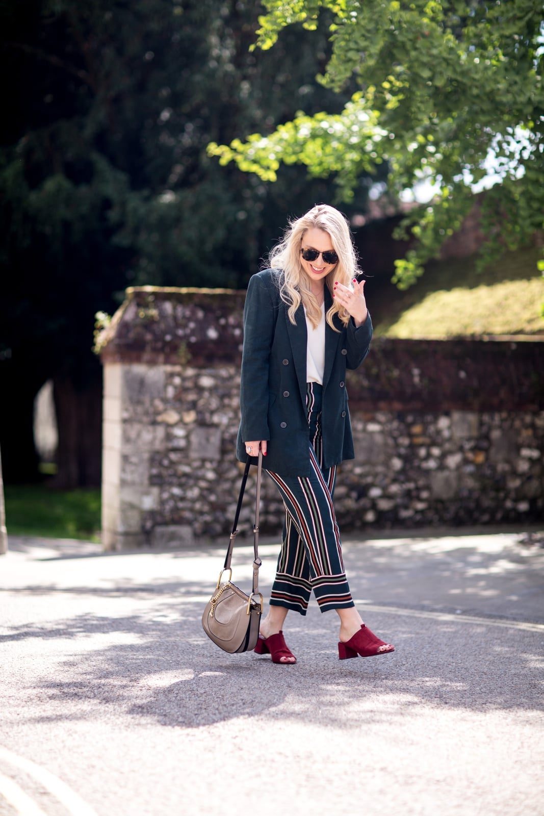 Dark Green Blazer with Striped Wide-Leg Trousers Dark Green Blazer with Striped Wide-Leg Trousers — Trendy Work Outfits Women Office