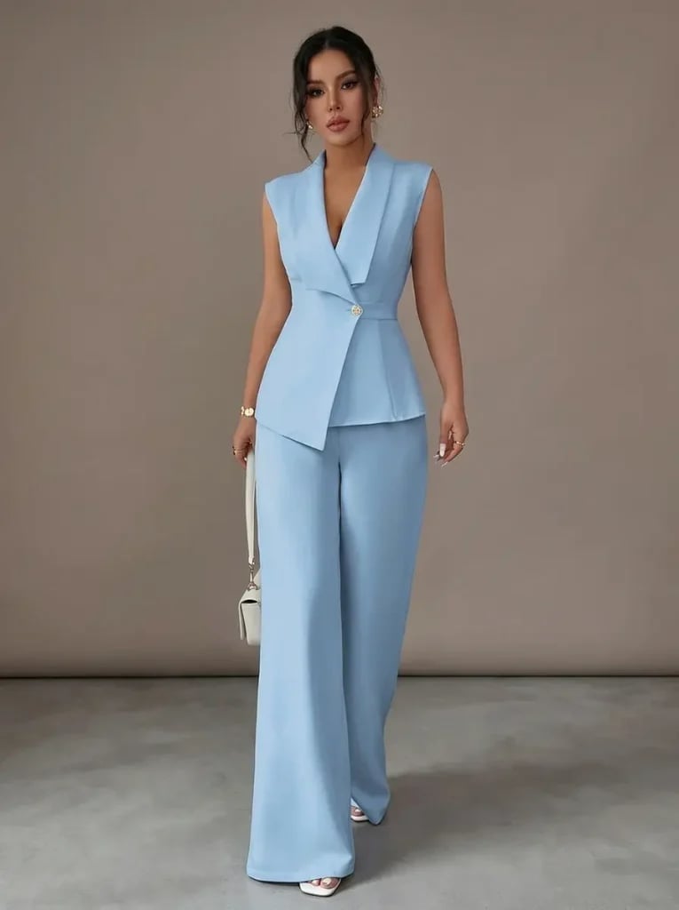 Light Blue Sleeveless Vest Suit with Wide-Leg Trousers, Crepe Light Blue Sleeveless Vest Suit with Wide-Leg Trousers, Crepe — Trendy Work Outfits Women Office