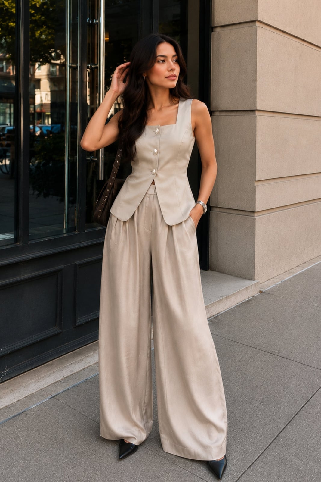 Beige Sleeveless Vest Suit with Wide-Leg Trousers Beige Sleeveless Vest Suit with Wide-Leg Trousers — Trendy Work Outfits Women Office
