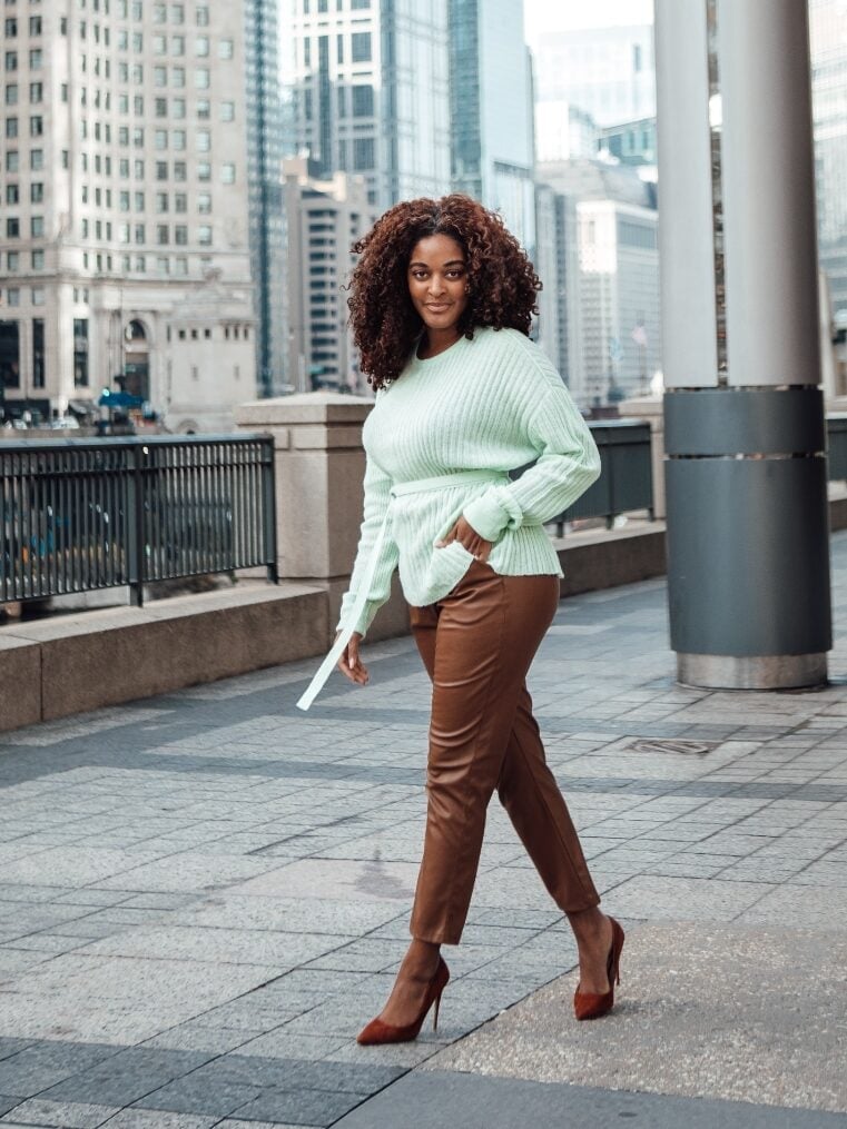 Mint Green Belted Sweater with Faux Leather Trousers Mint Green Belted Sweater with Faux Leather Trousers — Trendy Work Outfits Women Office