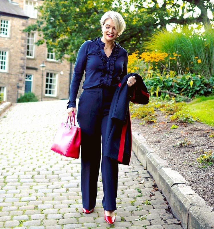 Navy Ruffled Cardigan with Straight-Leg Trousers Navy Ruffled Cardigan with Straight-Leg Trousers — Trendy Work Outfits Women Office