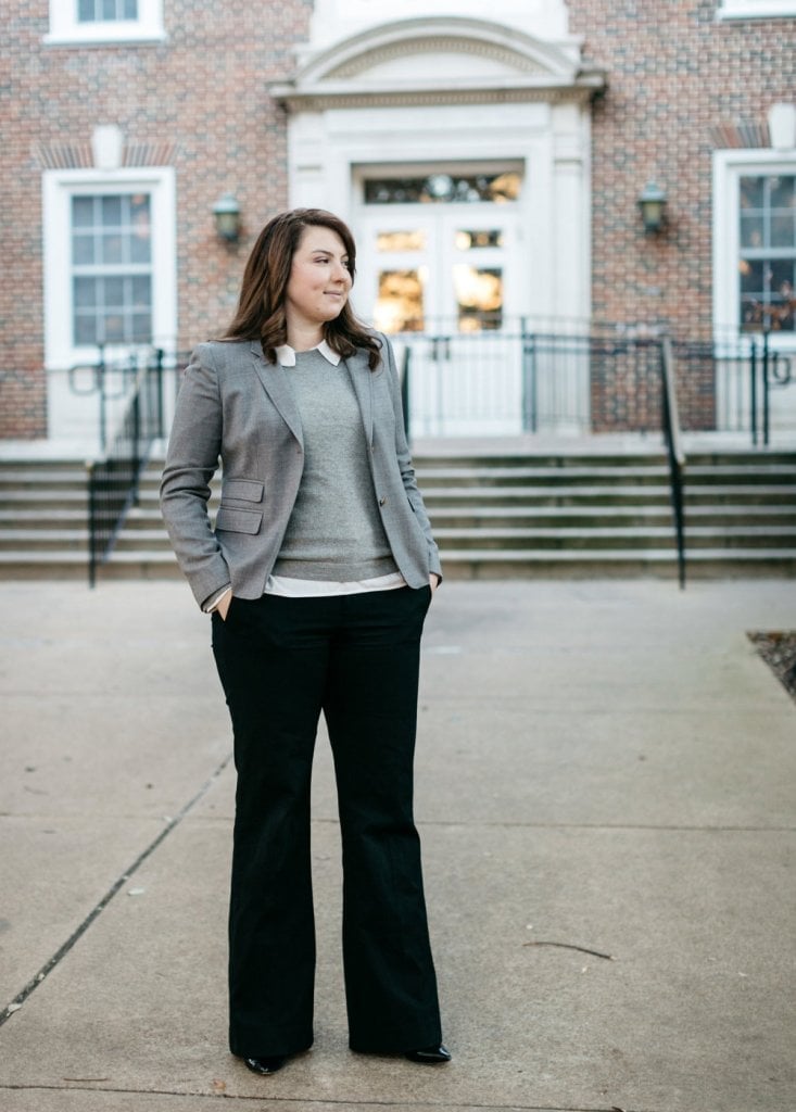 Grey Blazer Over Sweater with Black Flared Trousers Grey Blazer Over Sweater with Black Flared Trousers — Trendy Work Outfits Women Office