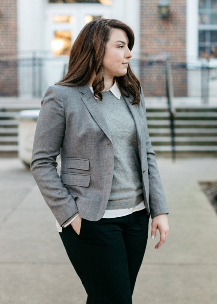 Grey Blazer Over Sweater with Black Fitted Trousers and Wool Blend Grey Blazer Over Sweater with Black Fitted Trousers and Wool Blend — Trendy Work Outfits Women Office