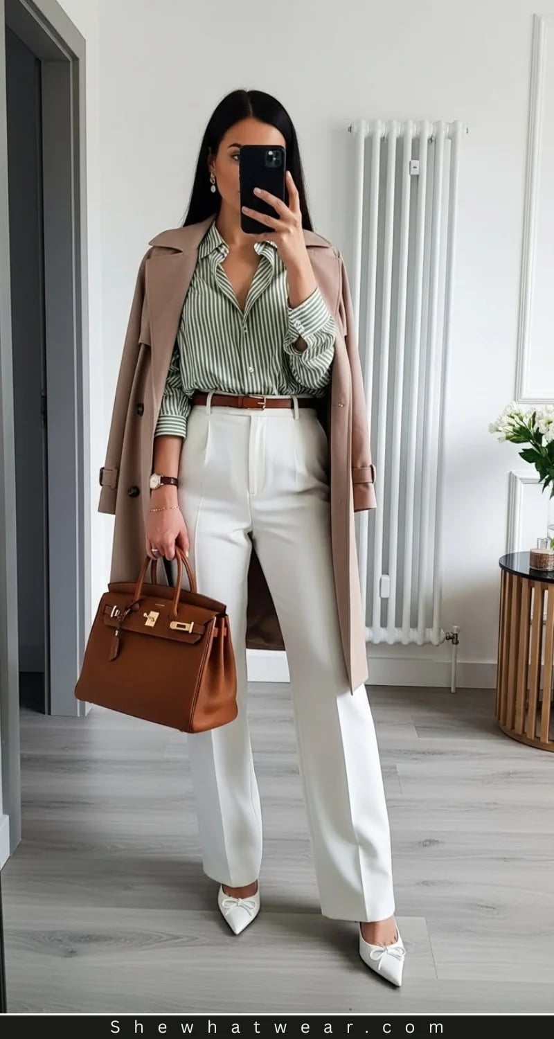 Striped Shirt and White Wide-Leg Trousers with Trench Coat Striped Shirt and White Wide-Leg Trousers with Trench Coat — Trendy Work Outfits Women Office