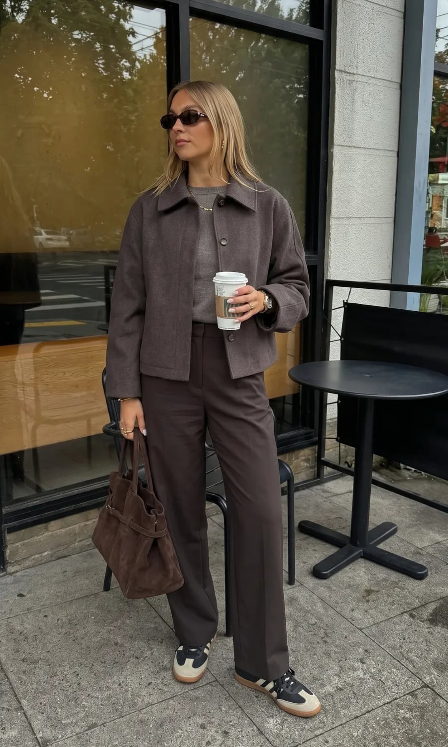 Brown Suede Jacket and Wool Trousers Work Outfit Brown Suede Jacket and Wool Trousers Work Outfit — Trendy Work Outfits Women Office