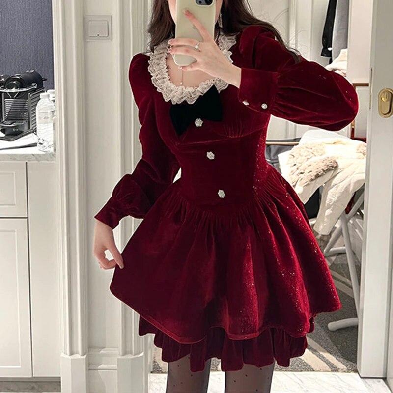 Red Velvet A-Line Mini Dress with Voluminous Sleeves — Trendy Y2K Dress