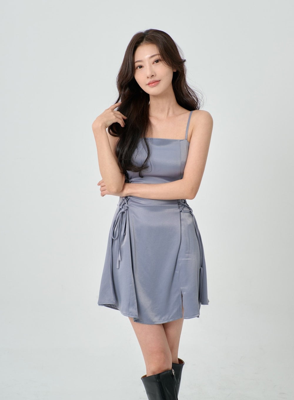 Grey-blue Satin A-line Mini Dress with Drawstring — Trendy Y2K Dress