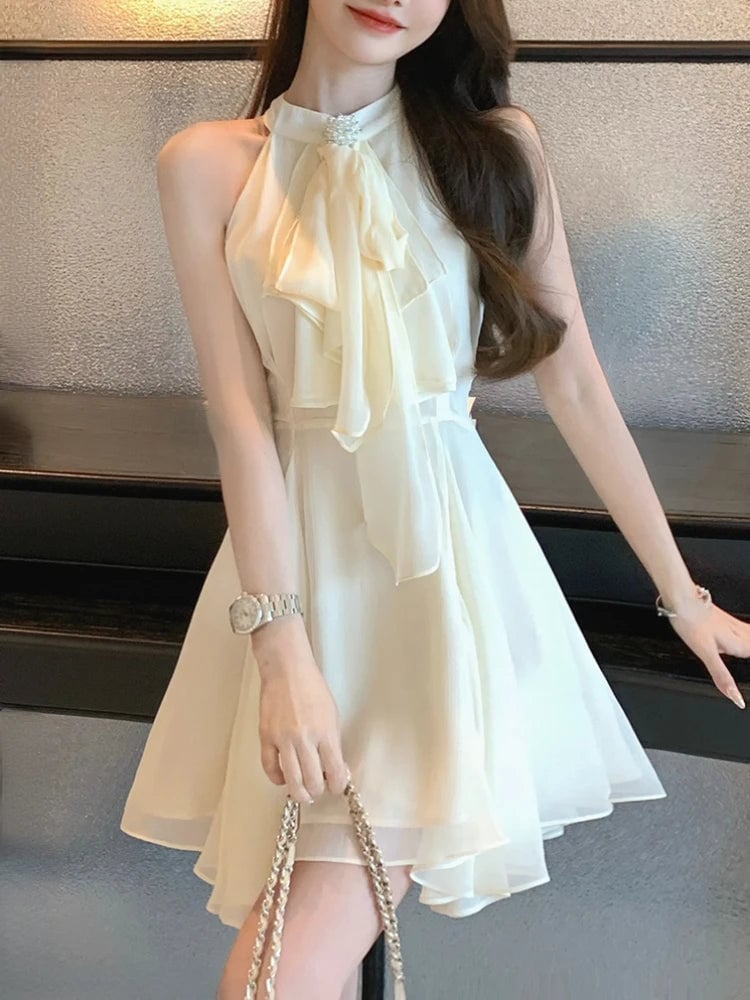 Off-white Halter Neck A-line Mini Dress with Bow — Trendy Y2K Dress