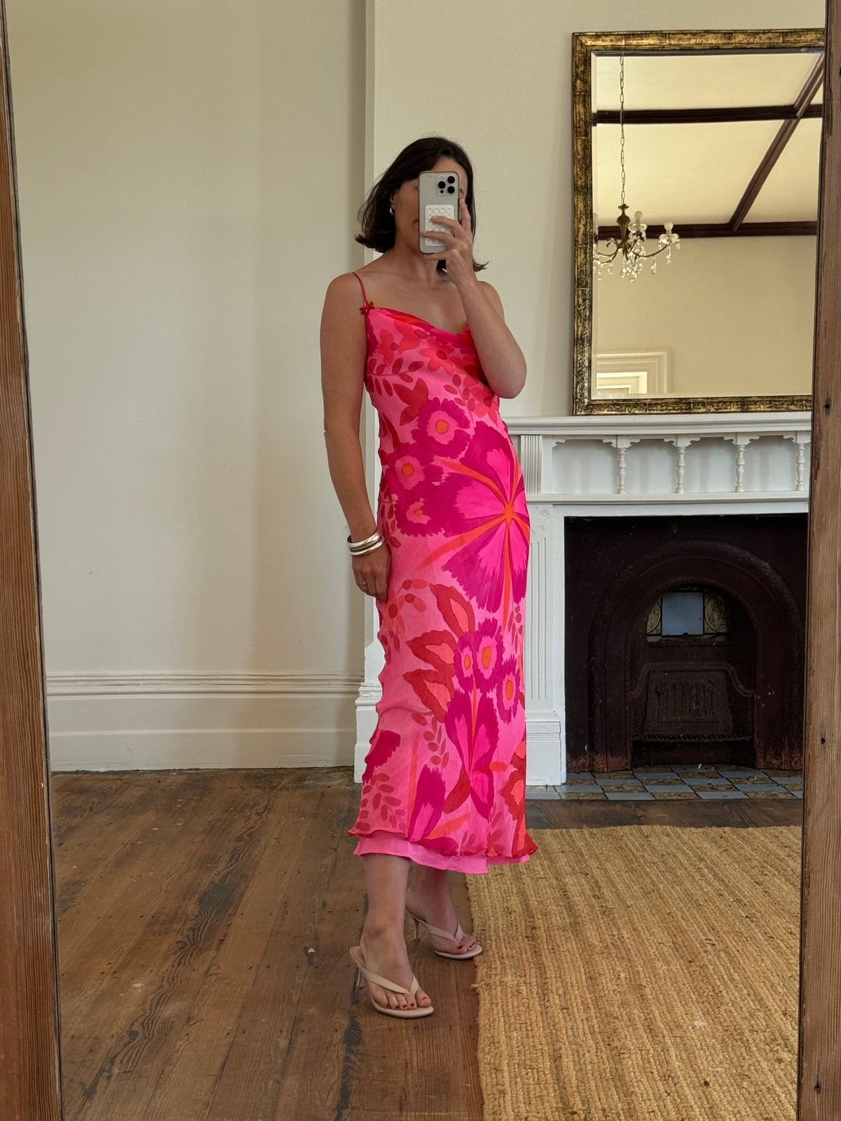 Pink and Orange Floral Silk Slip Midi Dress — Trendy Y2K Dress
