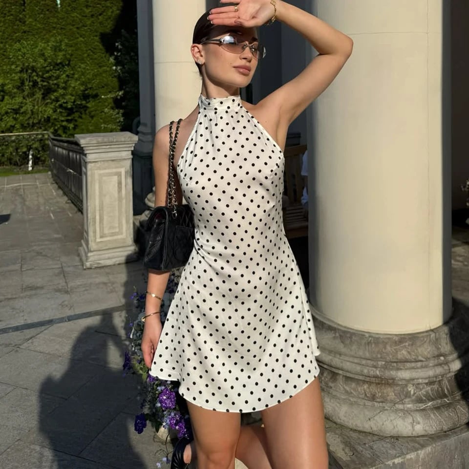 White Halter Neck Polka Dot Mini Dress — Trendy Y2K Dress