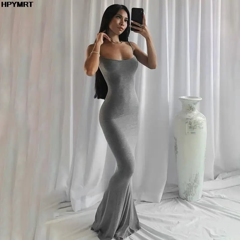 Grey Bodycon Maxi Dress with Mermaid Hem — Trendy Y2K Dress