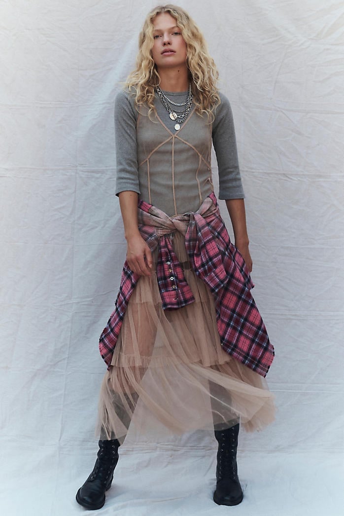 Beige Sheer Tulle Dress Layered Over Grey Top — Trendy Y2K Dress