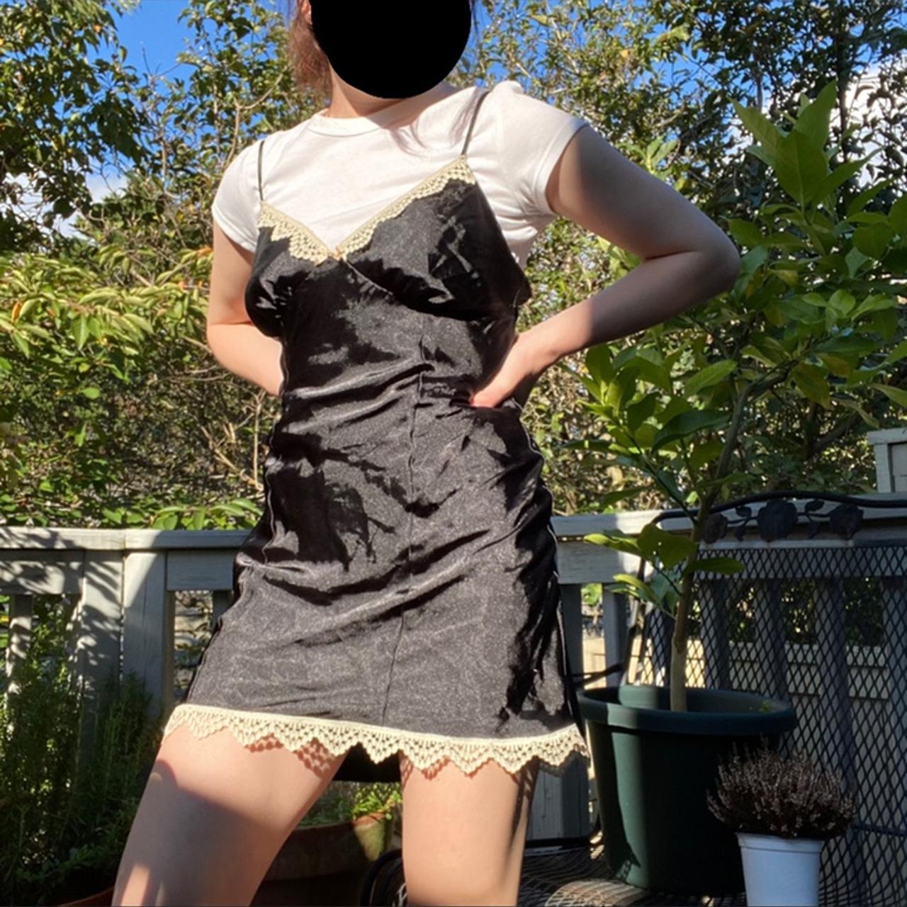 Black Lace Trim Slip Dress Over White T-Shirt — Trendy Y2K Dress