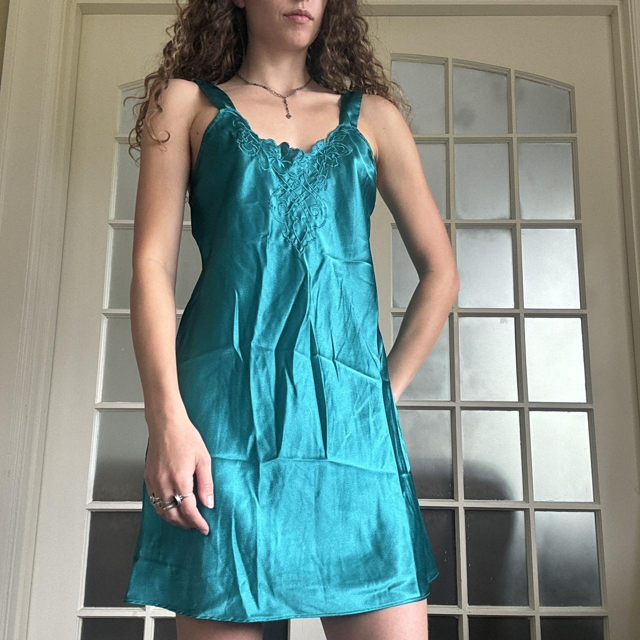 Teal Satin Slip Dress with Lace Neckline — Trendy Y2K Dress