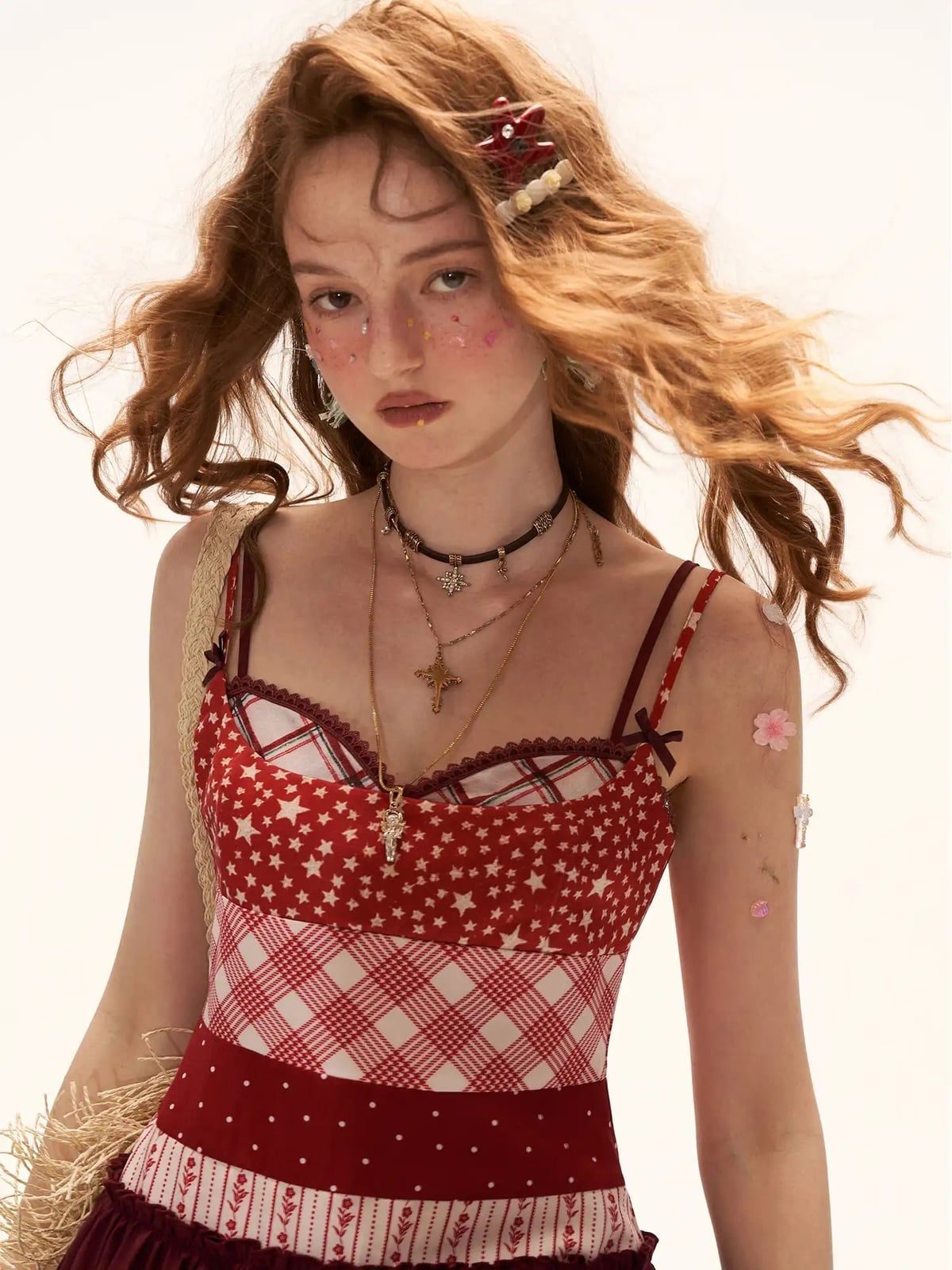 Patchwork Star, Gingham, and Polka Dot Mini Dress — Trendy Y2K Dress