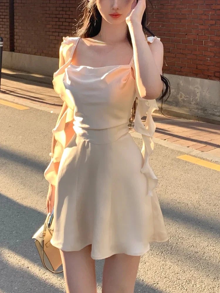 Cream Satin A-line Mini Dress with Chiffon Sleeves — Trendy Y2K Dress